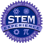 Circle badge with words science, technology, engineering, math. STEM experience CuriOdyssey.
